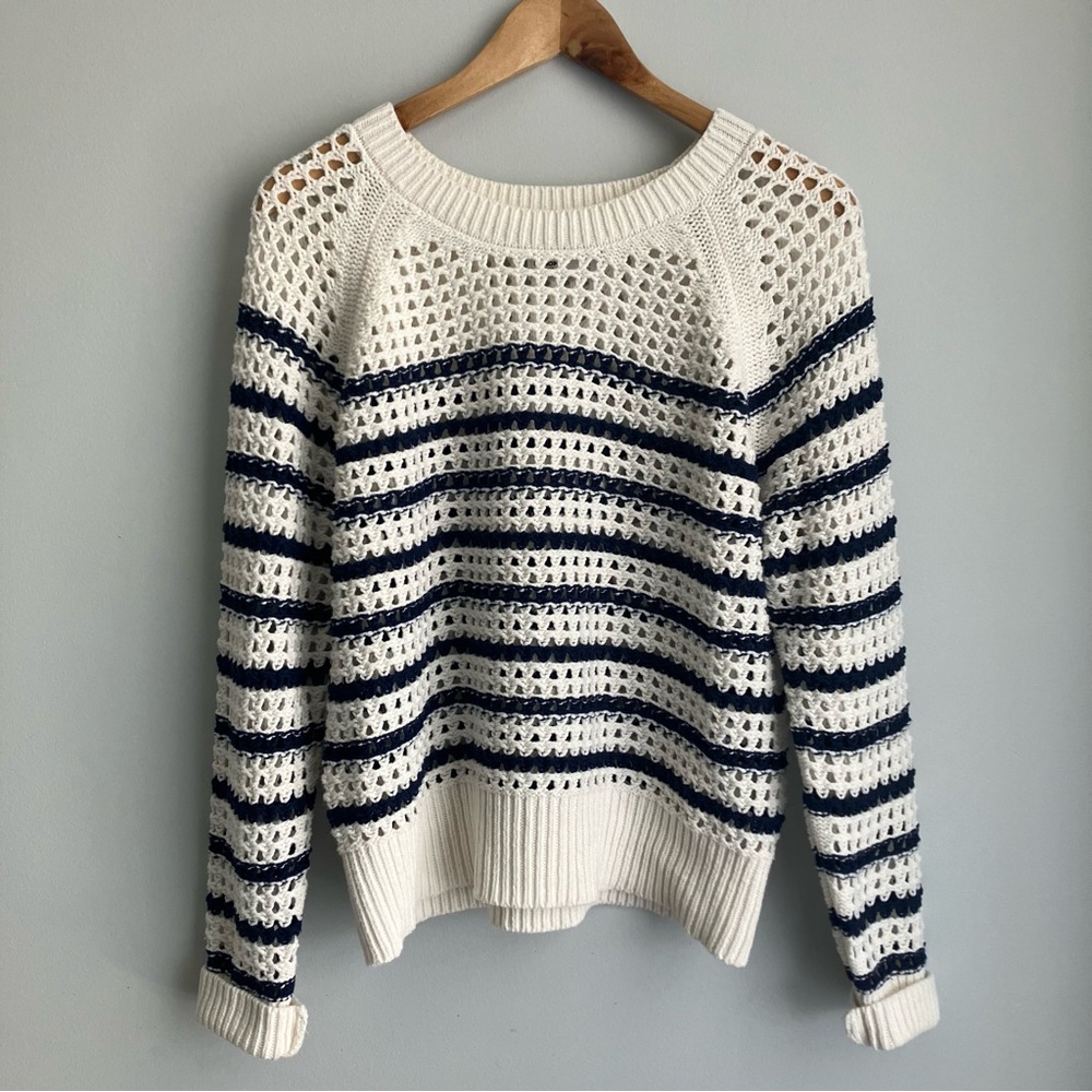 Sonoma Open Knit Crochet Striped Sweater Small Navy Cream Nautical Airy